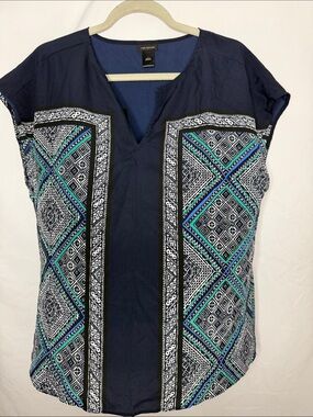 Ann Taylor Navy Geometric Print Split V-Neck Cap Sleeve Blouse